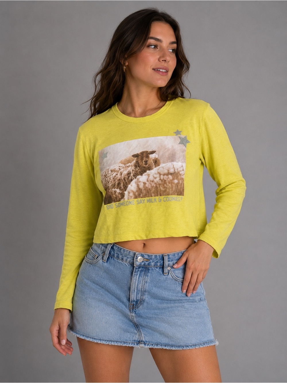 NWT Aerie XL Bright Yellow Sheep Graphic Long Sleeve Tee “Did Someone Say Milk &